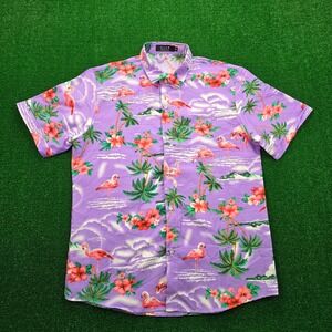 SSLR Hawaiian Shirt Mens Medium Purple Flamingo Print Palm Tree Beach Button Up